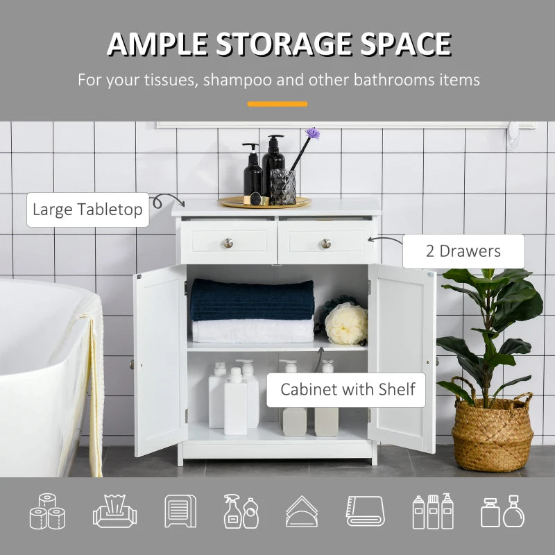 White Bathroom Storage Cabinet with Drawers and Adjustable Shelf