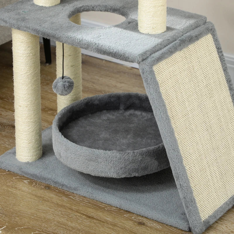 Cat Tree Tower with Scratching Posts, Pad, Bed, Perch, Toy Ball - Light Grey