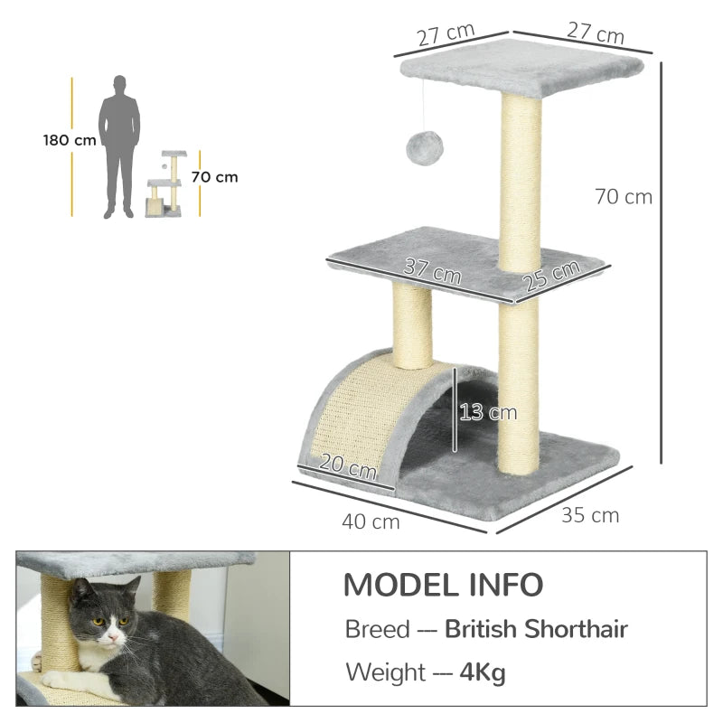 72cm Cat Tree with Scratching Post & Pad - Light Grey