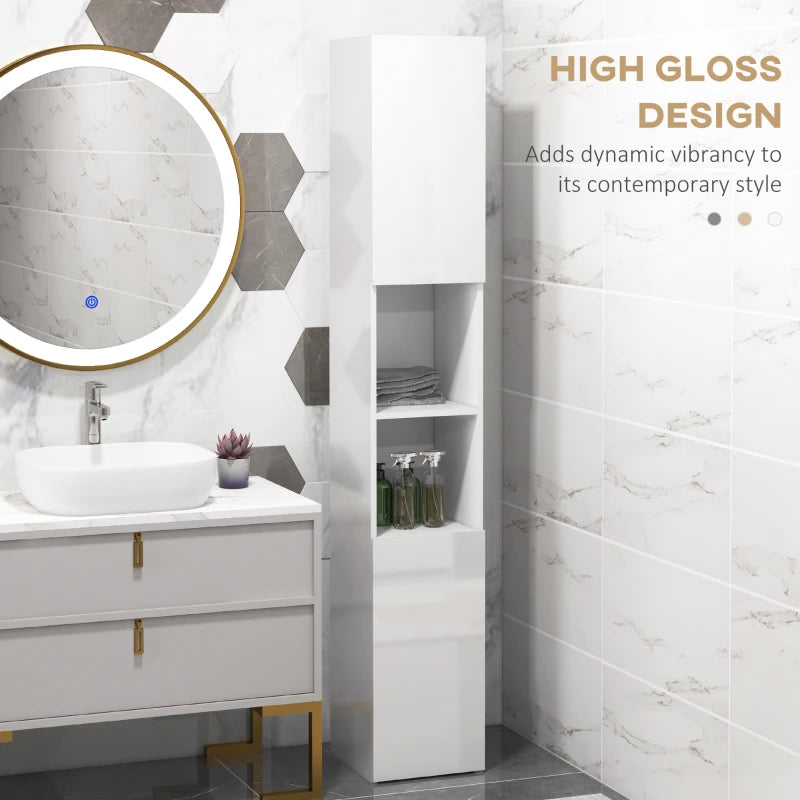 White High Gloss Bathroom Storage Cabinet with Doors, 30x30x181.5 cm