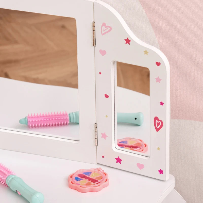 Kids White Vanity Table & Stool Set with Rotatable Mirrors - Star & Heart Pattern