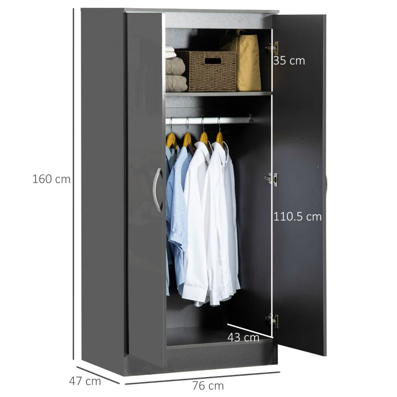 Grey High Gloss 2-Door Wardrobe with Hanging Rod and Storage Shelf