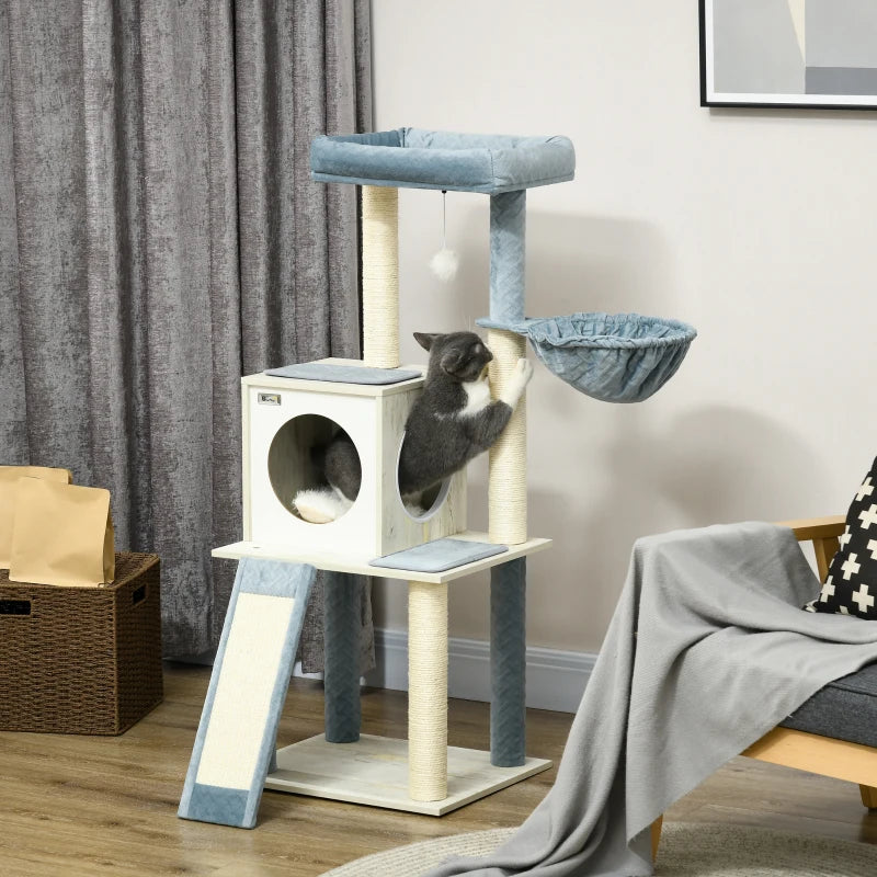 Modern Grey Cat Tree with Scratching Posts and Hammock