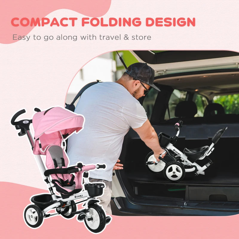 6-in-1 Pink Baby Push Tricycle with Parent Handle - Ages 1-5