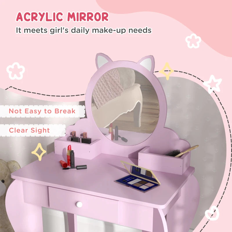 Kids Pink Cat Vanity Set with Mirror, Stool, Drawer & Storage - Ages 3-6