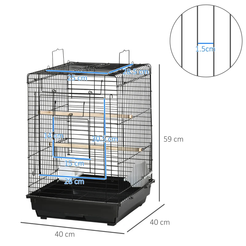 Black Steel Bird Cage with Open Top, Stand, Tray, Handles, Bowls - Parakeet, Finch