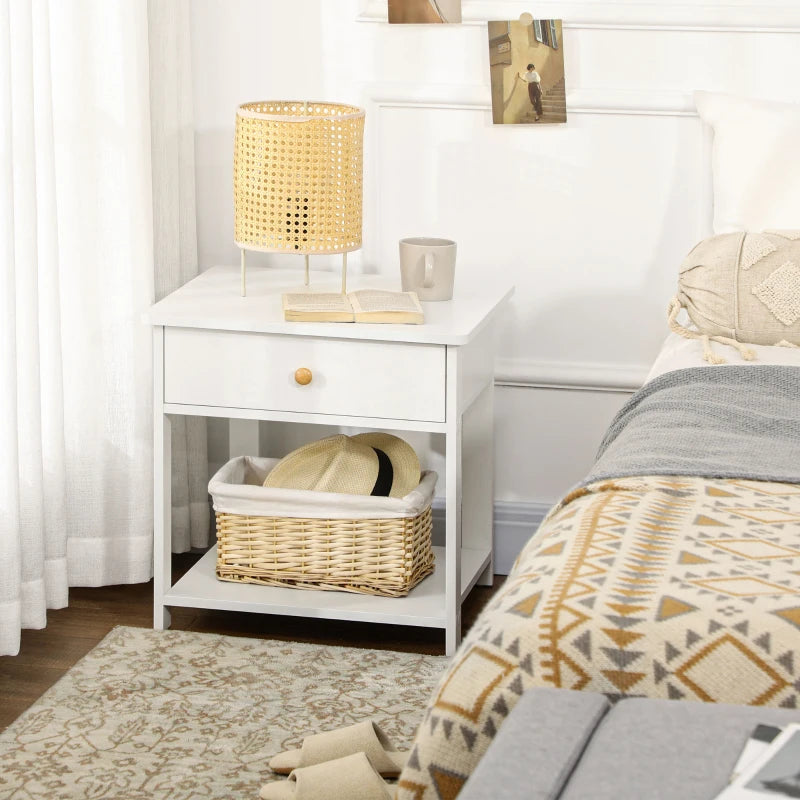 White Square Bedside Table with Drawer and Shelf