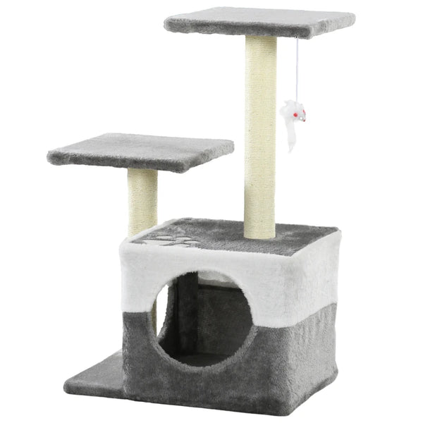 Grey Cat Tree with Scratching Posts, House, Perches & Toy Mouse