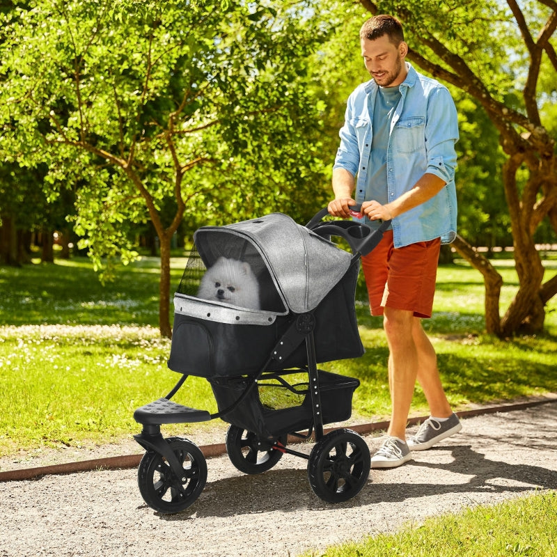 Grey Pet Stroller with Canopy & Storage for Small Pets