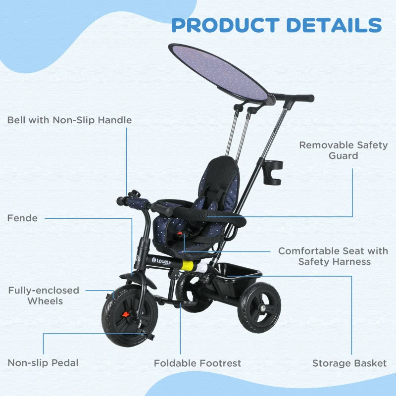 6-in-1 Kids Tricycle with 5-Point Harness & Canopy, Dark Blue