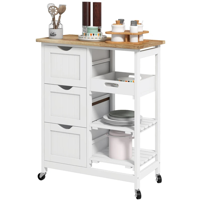 White Rolling Kitchen Island Cart with Shelves & Drawers