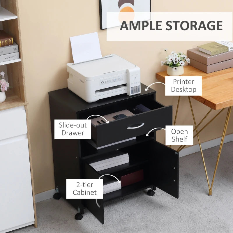 Black Printer Stand with Storage Drawer - Home Office Organizer