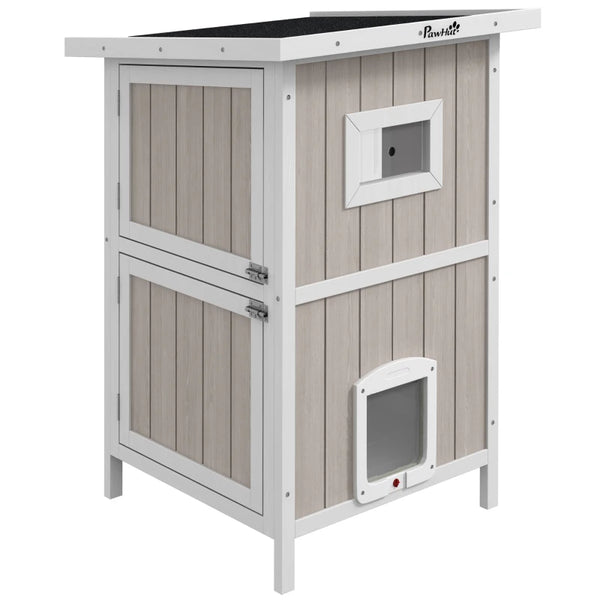 Wooden 2-Tier Cat Shelter with Escape Doors & Asphalt Roof - Light Grey