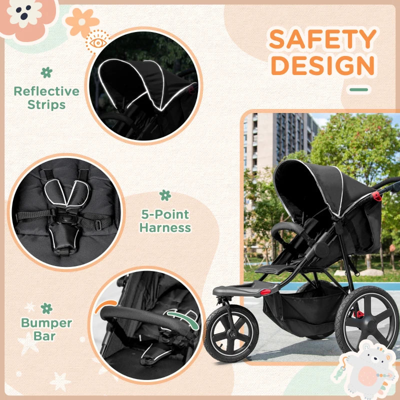 Black Foldable 3-Wheel Baby Stroller with Canopy & Storage Basket