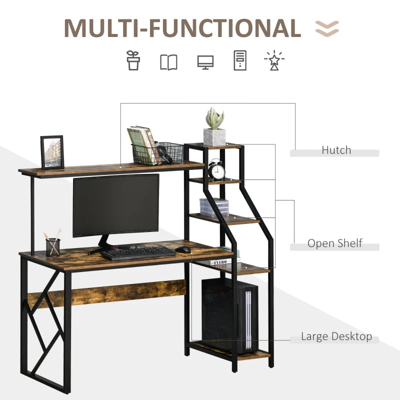 Rustic Brown Industrial Computer Desk with 6 Tier Shelves