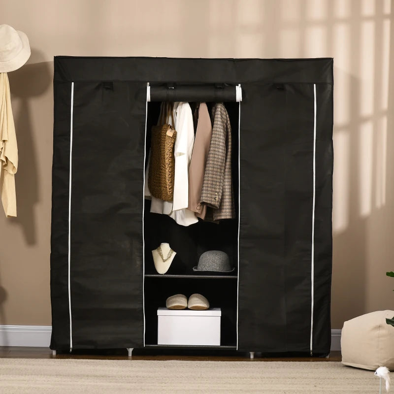 Black Foldable Fabric Wardrobe with Hanging Rail and Shelves