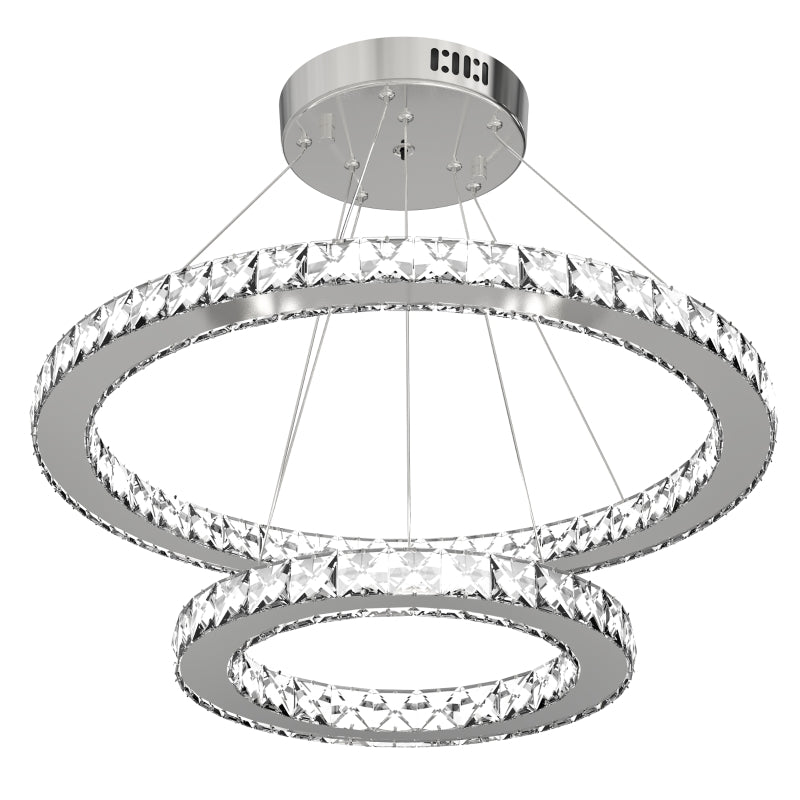 Silver LED Crystal Ring Chandelier - Dimmable Pendant Light with Remote Control