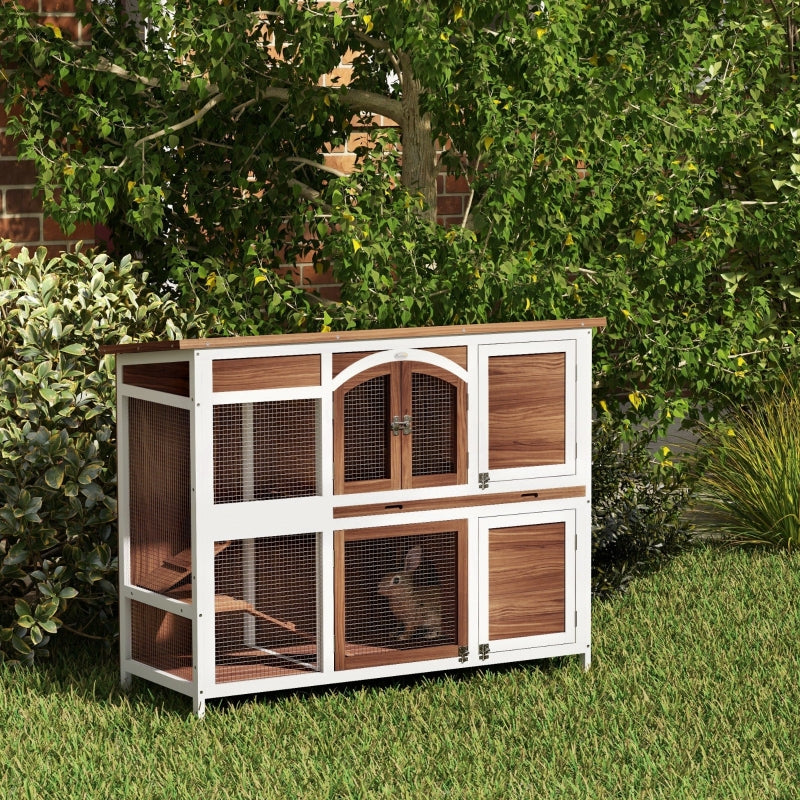 Wooden Two-Tier Pet Hutch - Openable Roof, Slide-Out Tray (Natural)