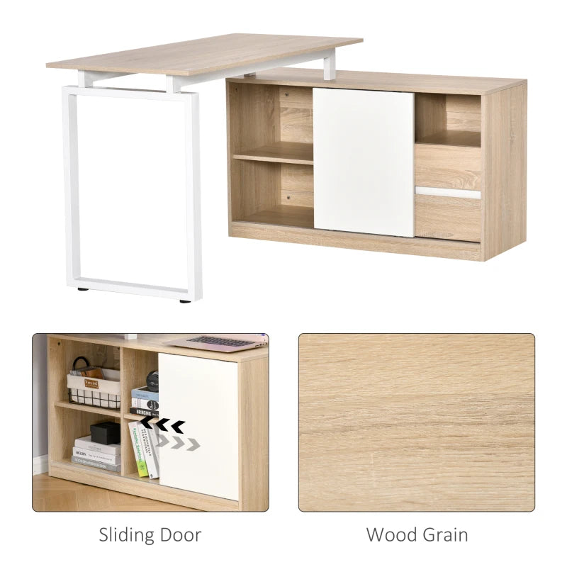 Oak Beige L-Shaped Computer Desk with Storage Shelf