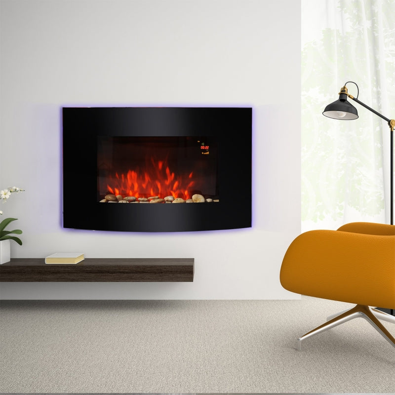 Curved Glass Electric Fireplace with 7 Colour Side Lights, 1000/2000W, 89.2cm x 48cm