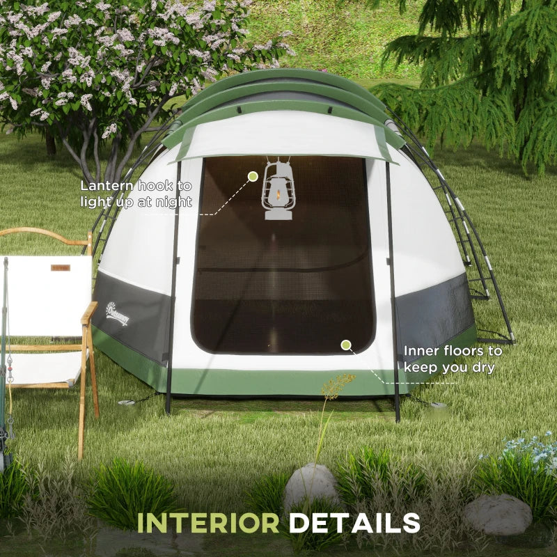 Green 3-Person Camping Tent with 2 Rooms and Porch