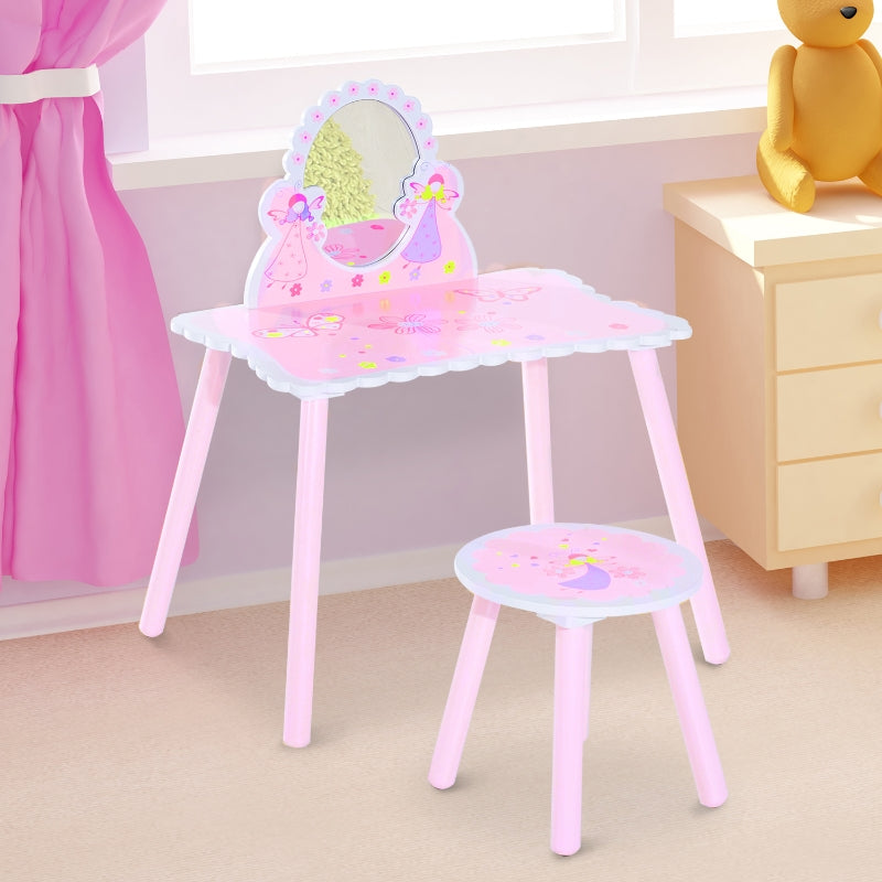 Kids Pink Wooden Dressing Table Set with Mirror & Stool