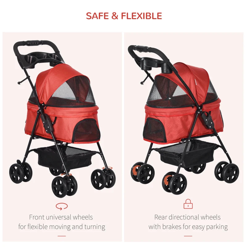 Red Dog Stroller with Rain Cover and Safety Features