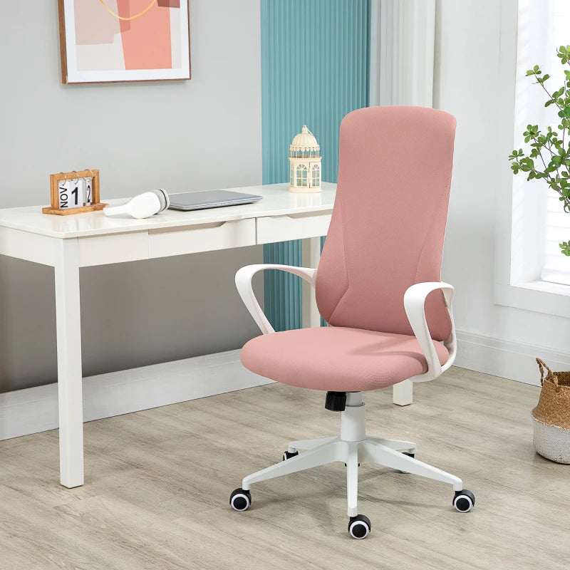 Pink Fabric High Back Office Chair with Armrests & Swivel Wheels