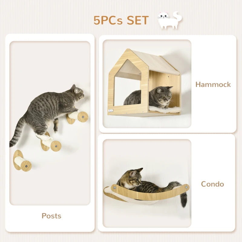 Oak Cat Climbing Shelf Set - 5PCs Wall Mounted Cats Shelves