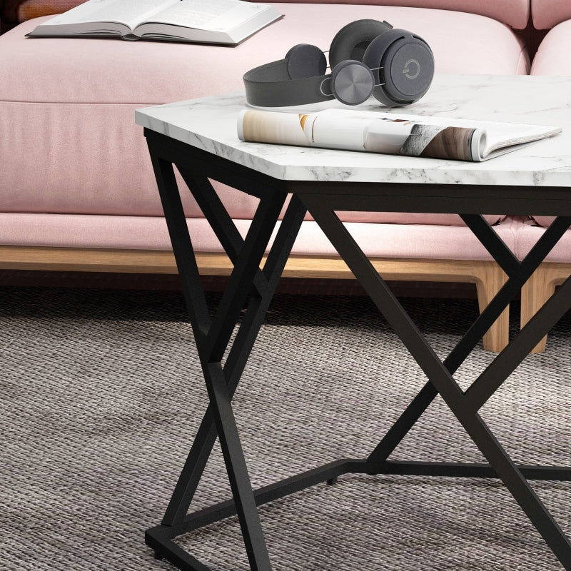 White Hexagonal Marble Coffee Table with Steel Frame
