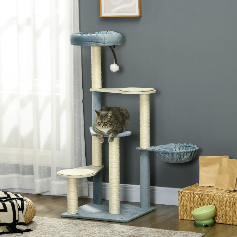 Cat Tree Tower with Scratching Posts, Mats, Hammock, Bed, Toy Ball - Grey