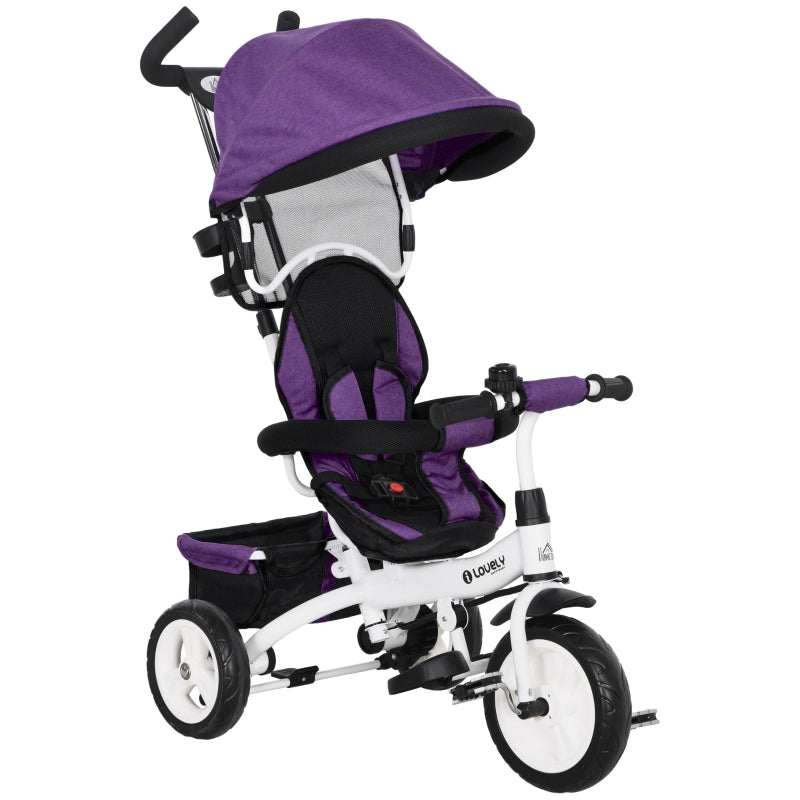 Purple 6-in-1 Kids Trike with Push Handle, Canopy, Safety Belt, Storage, Footrest, Brake