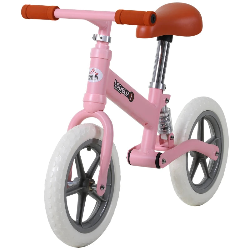 12" Pink Kids Balance Bike - No Pedal Bicycle with Adjustable Seat and Shock Absorber