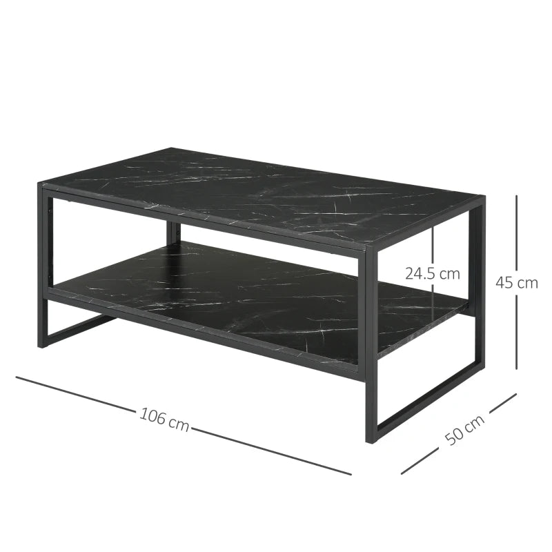 Marble Print Two-Tier Coffee Table - Modern Style, Metal Frame, 2 Shelves (White)