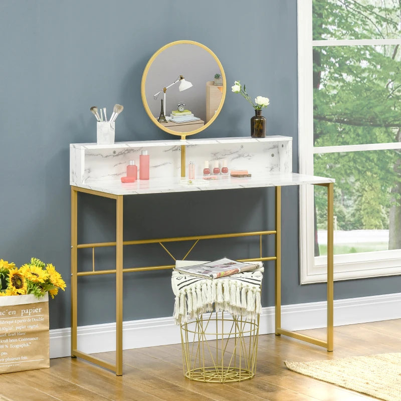 White Modern Vanity Dressing Table with Round Mirror and Faux Marble Texture