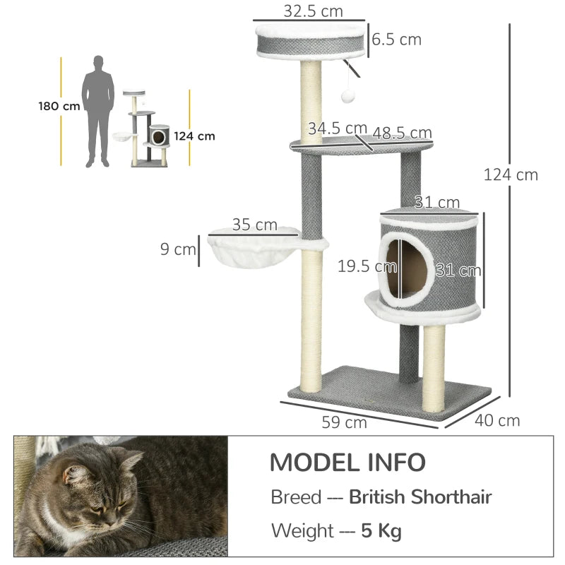 Cat Climbing Tower with Scratching Posts, Multi-level Cat Tree, 124cm - Grey