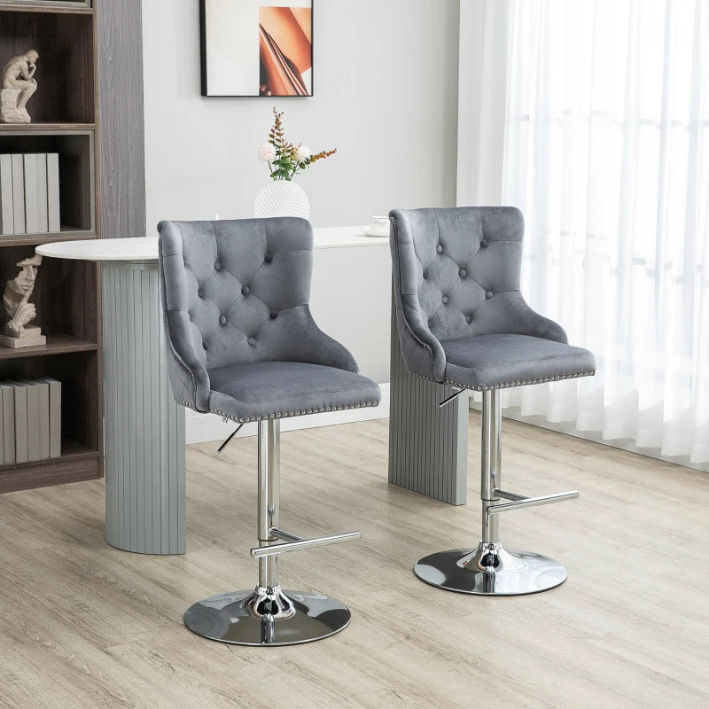 Grey Velvet Swivel Barstools Set of 2 with Button Tufted Back and Footrest