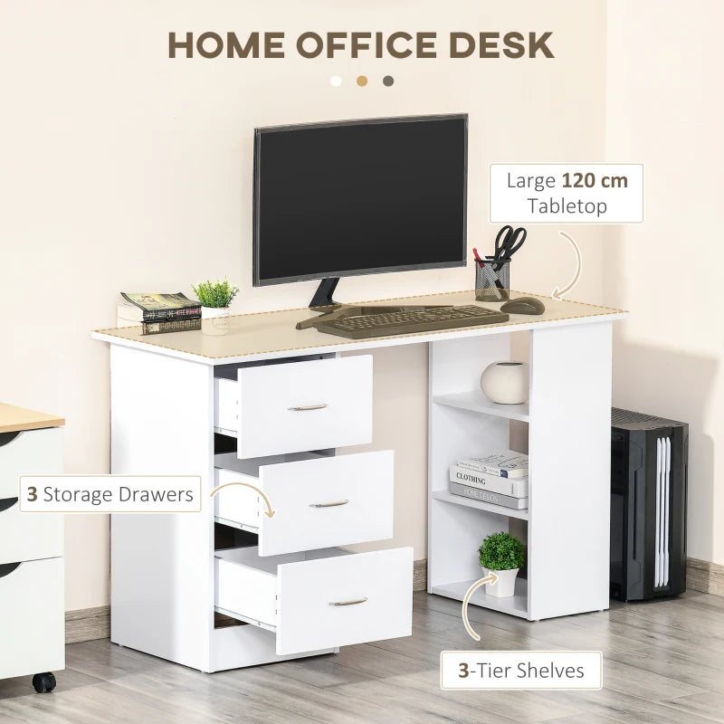 White Computer Desk with Storage Shelves and Drawers