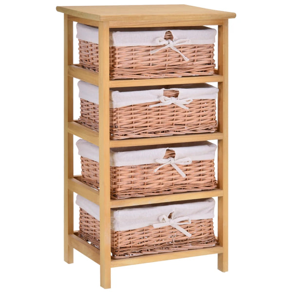4-Drawer Wicker Basket Storage Unit - Natural Wood Finish