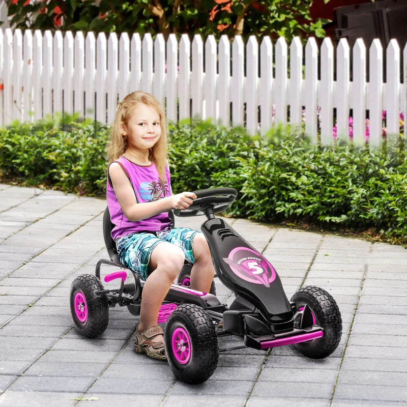 Kids Pink Pedal Go Kart with Adjustable Seat and Inflatable Tyres