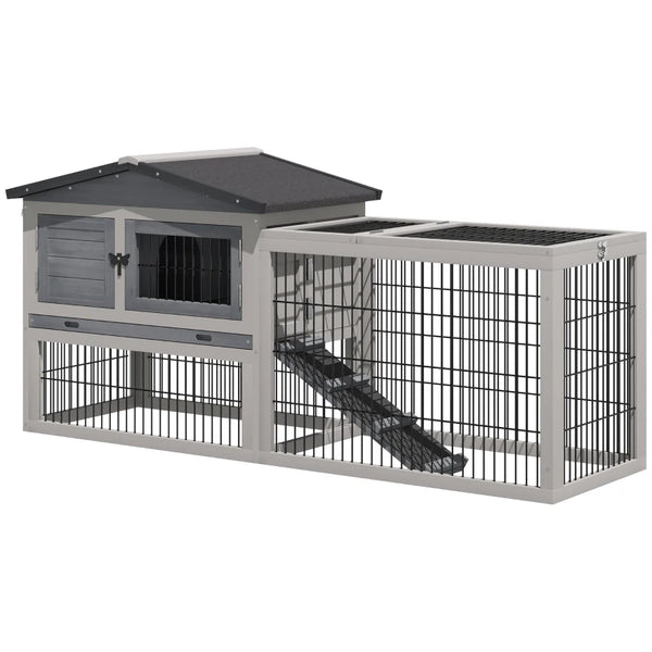 Grey Outdoor Rabbit Hutch with Run, 2-Level Design, Water-Resistant, 150 x 52.5 x 68 cm