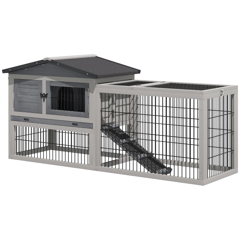 Grey Outdoor Rabbit Hutch with Run, 2-Level Design, Water-Resistant, 150 x 52.5 x 68 cm