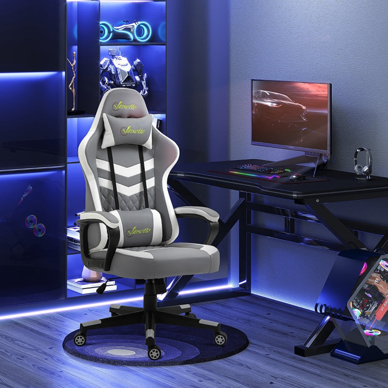 Grey White Gaming Chair with Lumbar Support and Swivel Wheels