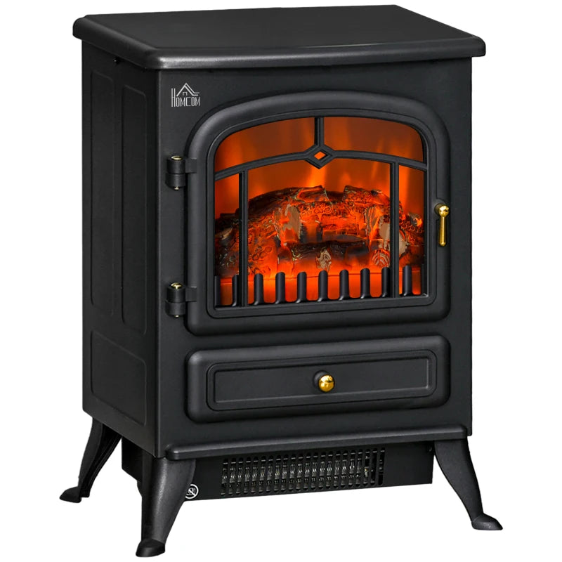 Black Electric Fireplace Heater with Glass View and Wood Burning Flame Effect