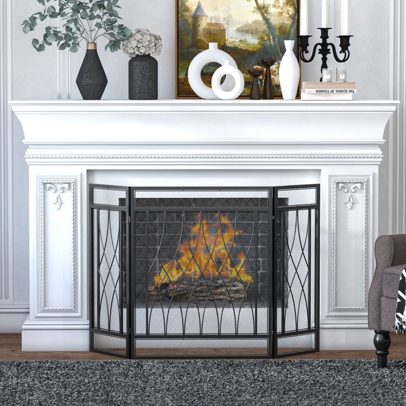 Black Metal Mesh Fireplace Screen - 3-Panel, 126 x 3 x 80 cm