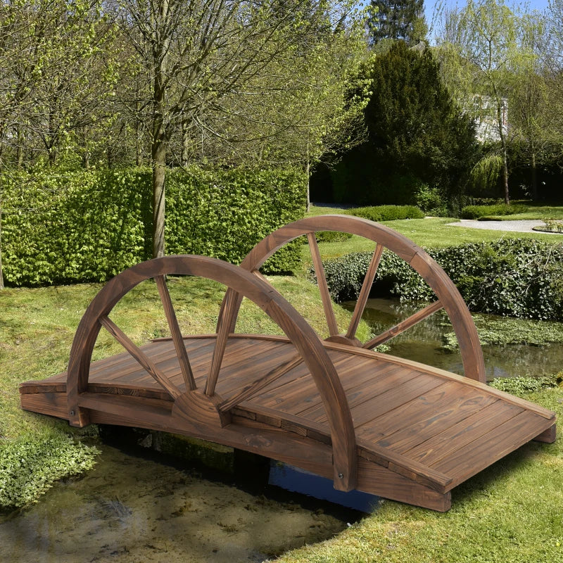 Wooden Garden Bridge Stained Finish Arc - Outdoor Pond Walkway Decor - 100L x 50W x 37Hcm