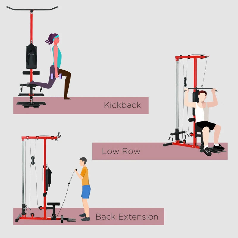 Red Pull Up Station with Adjustable Seat and Lat Pulldown - Home Gym Fitness Equipment