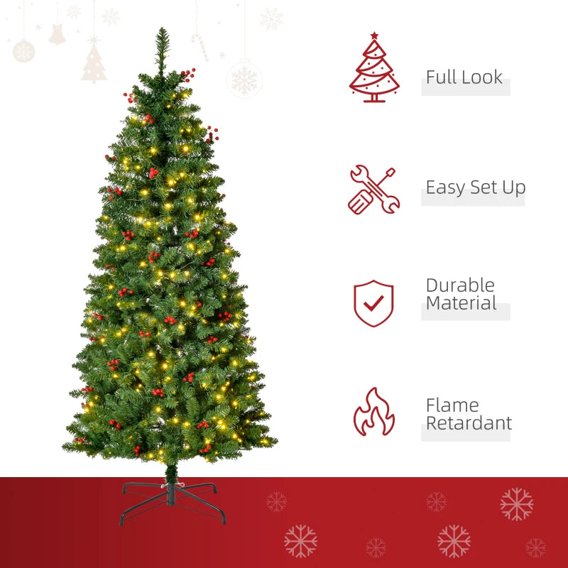 5FT Pre-lit Green Pencil Christmas Tree with Warm White LED Lights and Red Berries