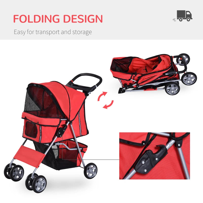 Red Dog Stroller with Rain Cover for Small Dogs