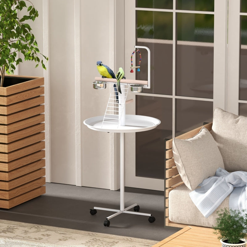 White Bird Stand with Wheels, Perches, Stainless Steel Bowls, Tray - Garden, Indoor, Outdoor